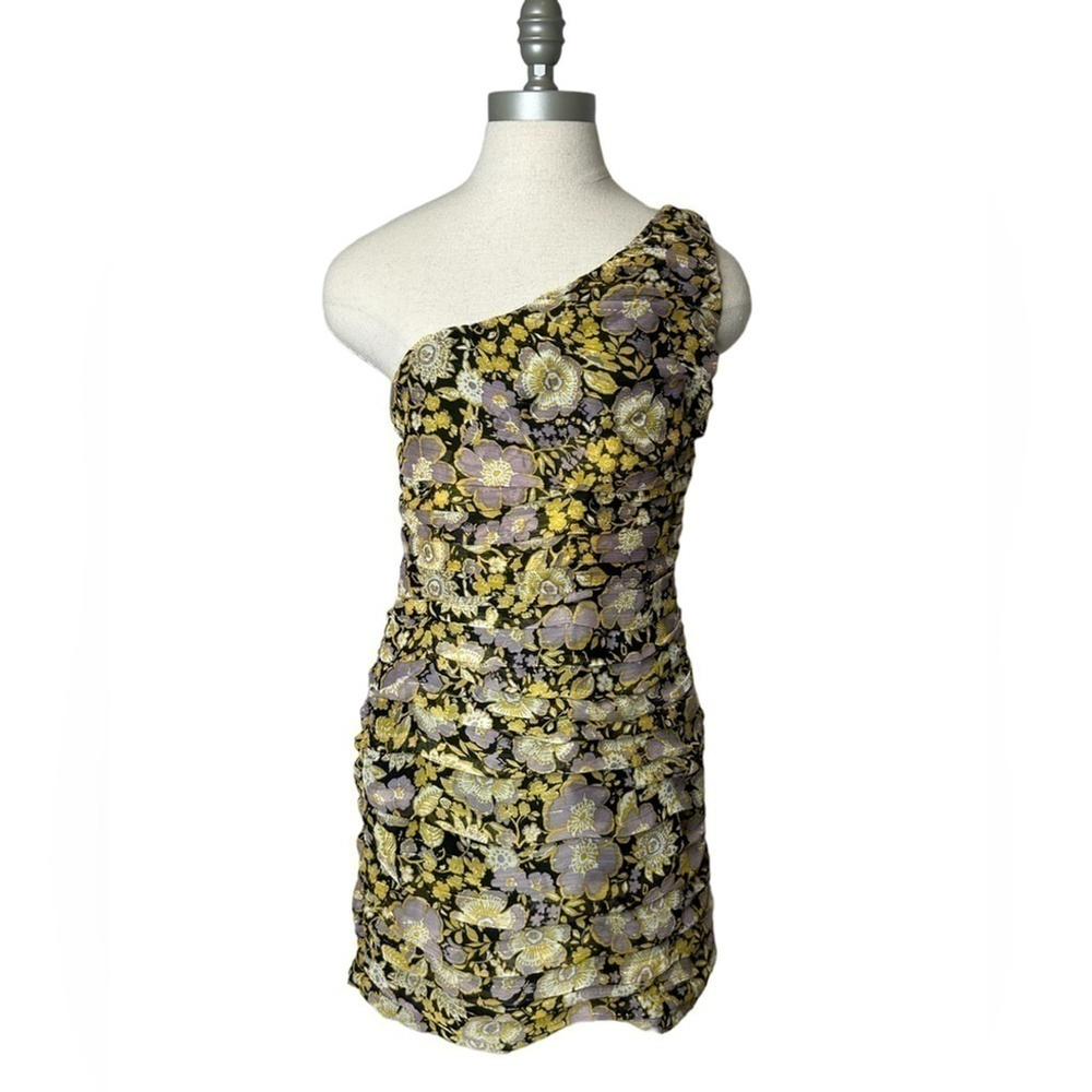 Zara Floral One Shoulder Pleated Metallic Mini Dress Party Event Size Medium - Picture 2 of 13